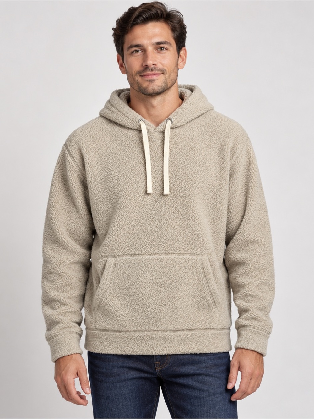 Abercrombie & Fitch Mens Large Beige Sherpa Fleece Pullover Hoodie Kangaroo Pock